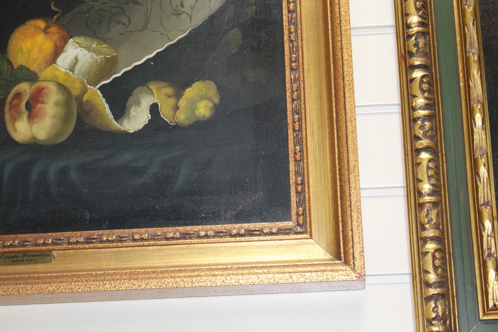 Dutch School, two oils on canvas, Still lifes in the 17th century style, indistinctly signed, 44 x 59cm and 63 x 48cm